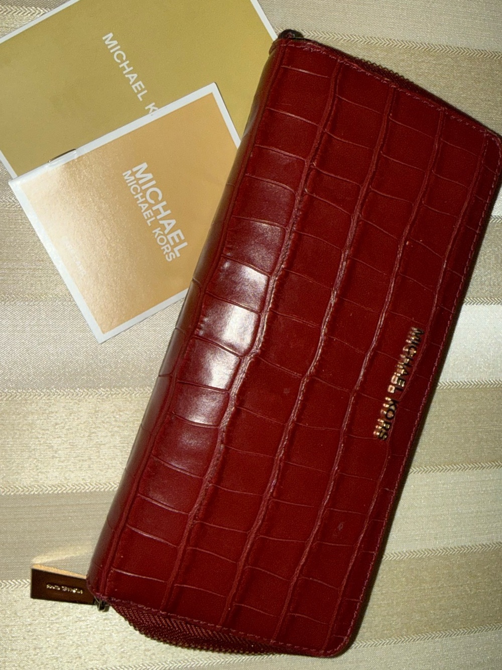 Michael Kors Burgundy Croc-Embossed Zip Around Wallet